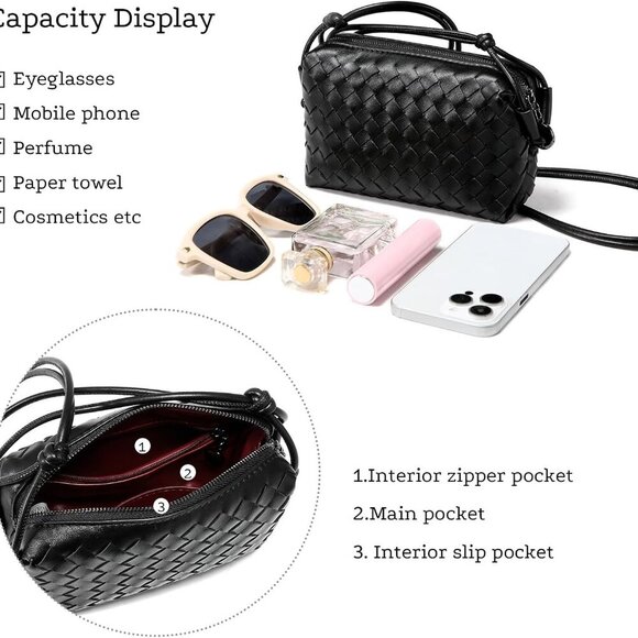 Versatile Mini Crossbody Camera Bag - Stylish Woven Design, Black Vegan Leather - Picture 6 of 8